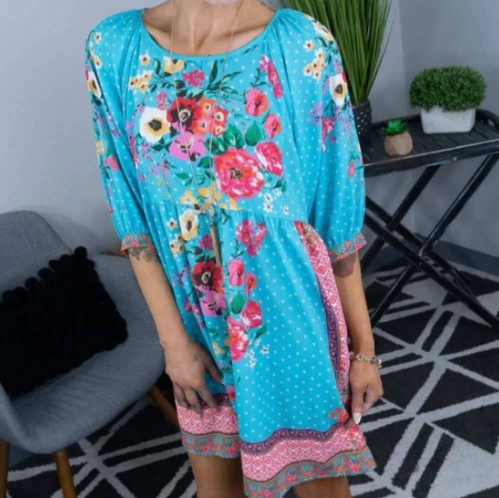 Umgee Colorful Floral Lightweight Knee Length Dress